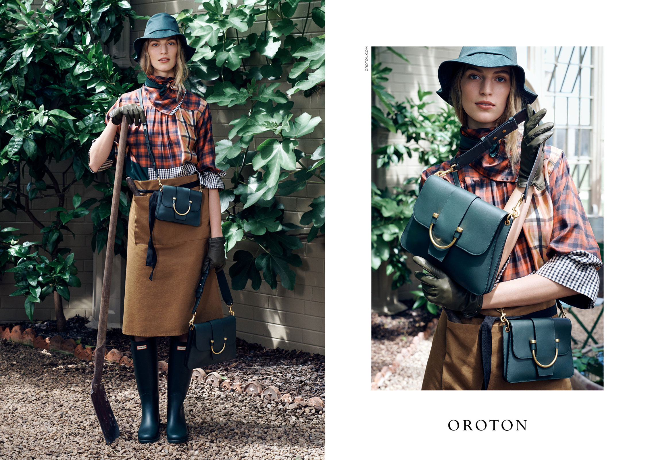 A fashion shot features a blonde woman outdoors wearing a hat, plaid shirt, brown skirt, and black boots, showcasing two dark green purses.