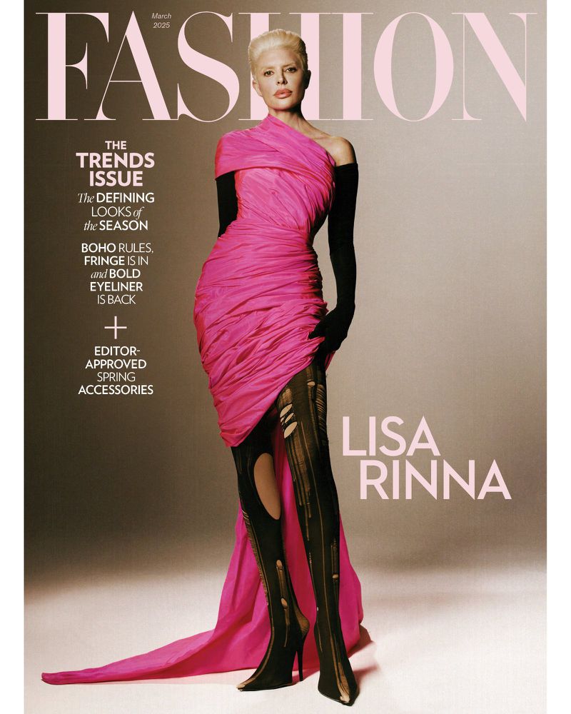 Magazine cover featuring Lisa Rinna wearing a pink gown, black gloves and thigh-high boots, against a tan backdrop with magazine text.