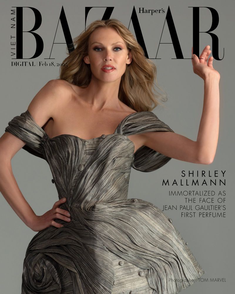 Bazaar magazine cover featuring a woman in a structural metallic dress, posing against a grey background. Fashion editorial, beauty shot.