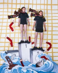 Two models standing on a podium wearing black athletic apparel and striped scarves against a painted backdrop.