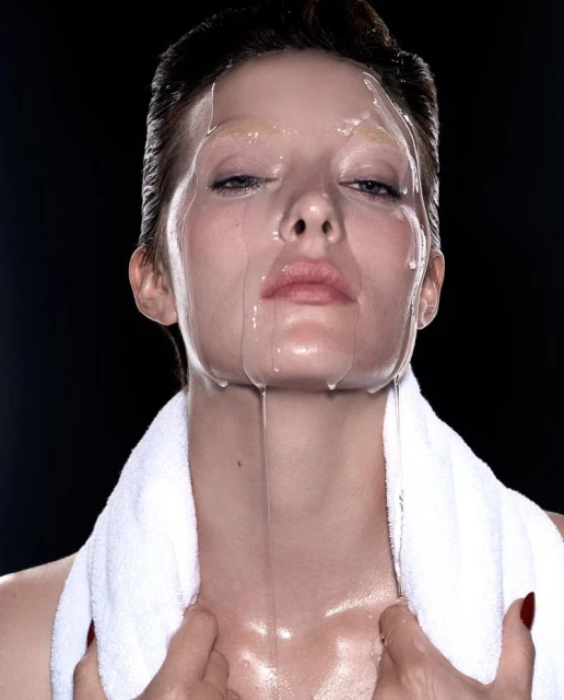 Close-up portrait of a woman with a glossy substance on her face and a towel around her shoulders against a dark background.