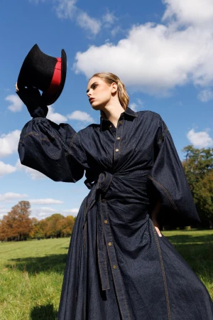Blonde woman in denim dress and black top hat poses in a field with a blue sky and white clouds. Outdoor fashion shot.
