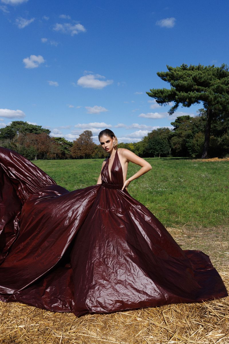 Fashion shot of a woman wearing a burgundy dress with a large skirt, posing in a grassy field under a blue sky with scattered clouds.