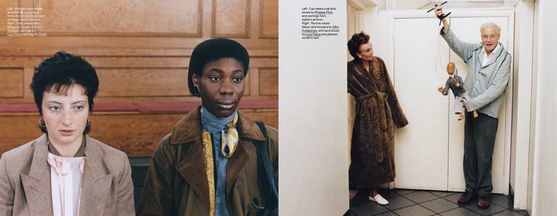 Editorial fashion photo: Two women in vintage outfits against a wood-paneled wall, and another scene with a woman in a robe and a man with a puppet.