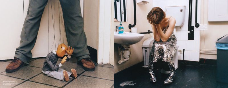 Fashion editorial shot showing a puppet controlled by a man's legs and a woman in sequin dress sitting on a toilet with head in hands.