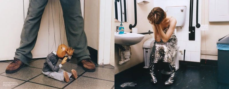 Fashion editorial shot showing a puppet controlled by a man's legs and a woman in sequin dress sitting on a toilet with head in hands.