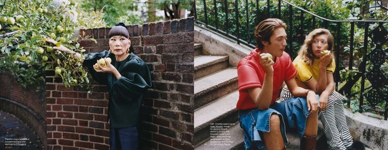 Fashion editorial featuring an Asian woman picking apples by a brick wall, and two people eating apples while sitting on concrete stairs.