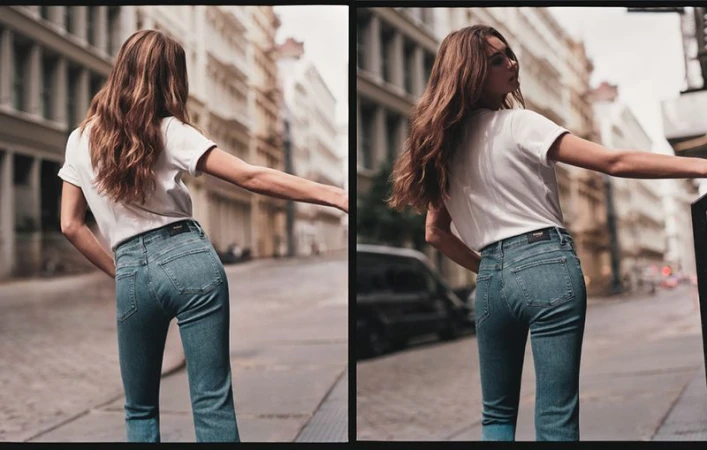 Back view of a woman in jeans and a white t-shirt standing on a city street with buildings in the background on a sunny day.