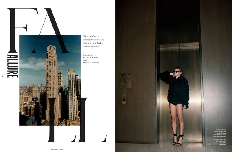 Editorial fashion shot: Woman in black textured top and heels stands in elevator, skyscraper visible through magazine cutout on left.