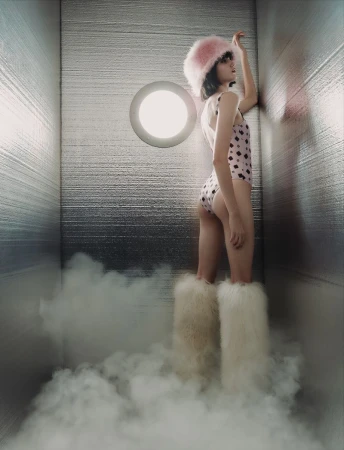 A stylish woman poses in a pink hat and floral swimsuit, standing amid smoky fog in a modern room. Fashion editorial, studio lighting.