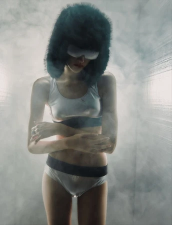 A woman in a white lingerie-style outfit with a large fur hat and goggles poses in a misty environment, arms crossed, looking down.