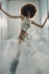 Model in white tank top and sunglasses wearing a massive fluffy hat inside a narrow concrete corridor filled with dense smoke.