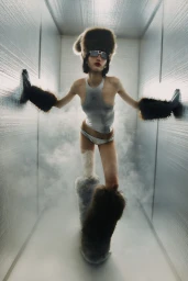 Model Eva Komuves poses in a silver metallic tank top, oversized fur hat, and furry boots inside a foggy reflective chamber.