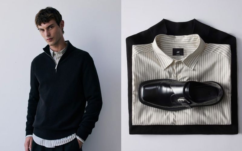 Fashion layout featuring a young man in a black sweater, alongside a black shoe, striped shirt, and black jacket against a white background.