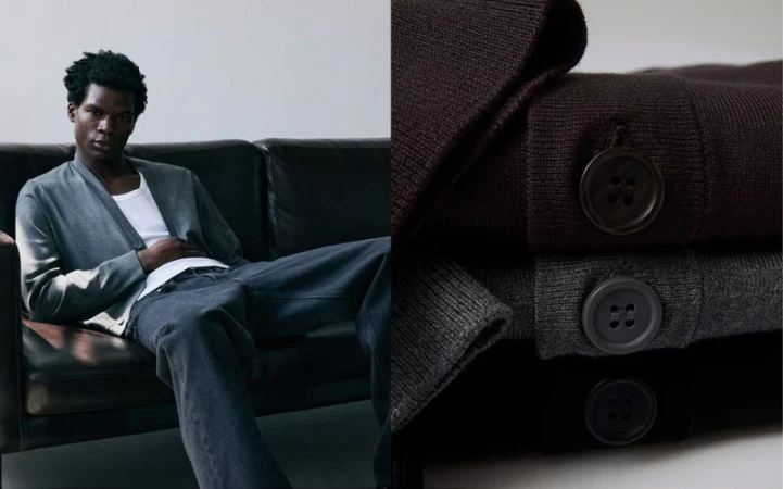 A split image featuring a man in a grey cardigan on a black leather sofa beside a macro shot of folded knitwear with buttons.