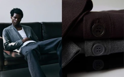 A split image featuring a man in a grey cardigan on a black leather sofa beside a macro shot of folded knitwear with buttons.