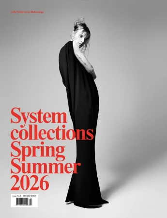 Fashion magazine cover featuring a female model in a black dress, with the words 'System collections Spring Summer 2026' printed on the cover.