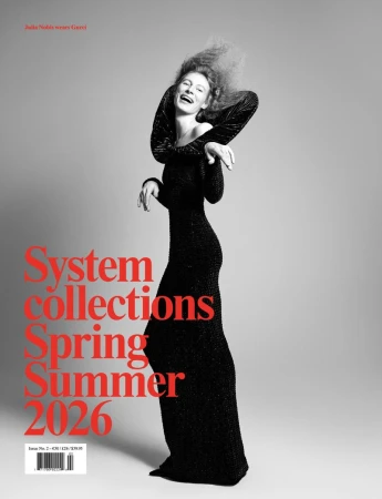 Magazine cover featuring a woman in a black dress laughing. The cover includes the text 'System collections Spring Summer 2026'.