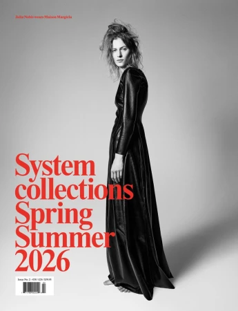 Fashion editorial shot of an adult female wearing a long black dress, posing in a studio setting with red text overlay.