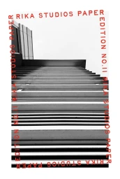 Architectural black and white photograph of building facade louvers framed by red Rika Studios Paper No. 11 typography border.