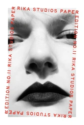Close-up black and white portrait of a model with dark lipstick and red editorial framing text for Rika Studios Paper No. 11.