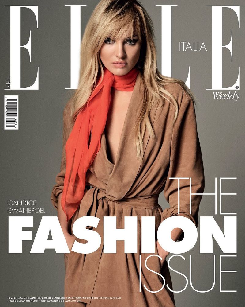 Elle Italia fashion magazine cover featuring Candice Swanepoel wearing a tan wrap dress and an orange scarf against a gray backdrop.