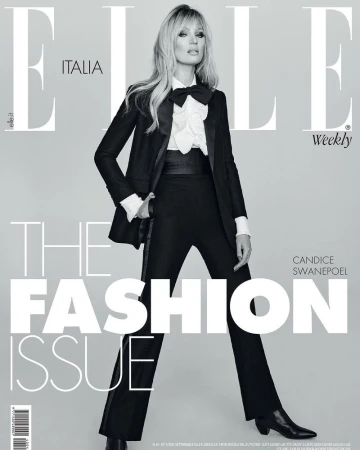 Elle Italia cover featuring Candice Swanepoel in a black suit with a white ruffled shirt and bow tie, posing against a gray backdrop.