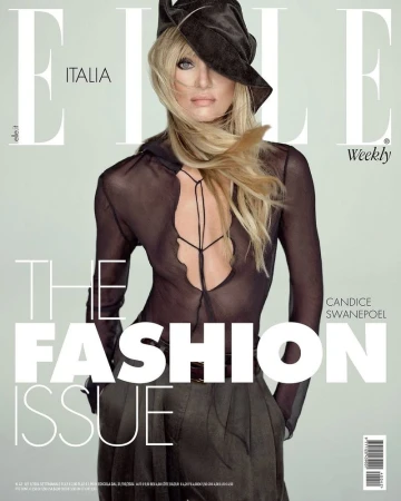 Magazine cover featuring a blonde woman in a sheer black top and hat, with “ELLE ITALIA” and “THE FASHION ISSUE” text overlays.
