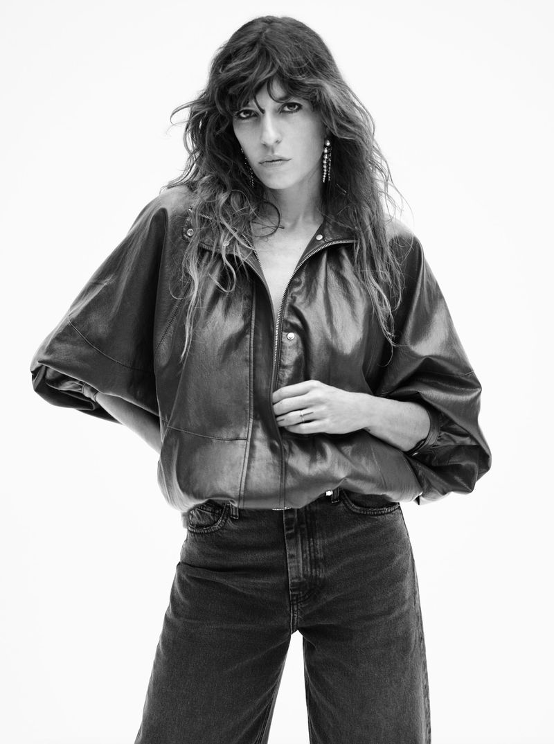 Lou Doillon wearing a dark leather jacket and jeans against a plain white background for Zara ZW Collection campaign.