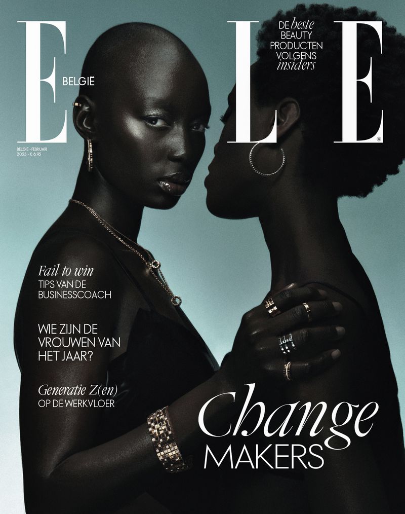 Elle Belgium magazine cover featuring two dark-skinned women in close-up, adorned with jewelry and bold typography, with a cool color palette.