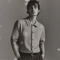 Model Louis Baines in a grey knit polo shirt and dark trousers standing against a monochrome background.