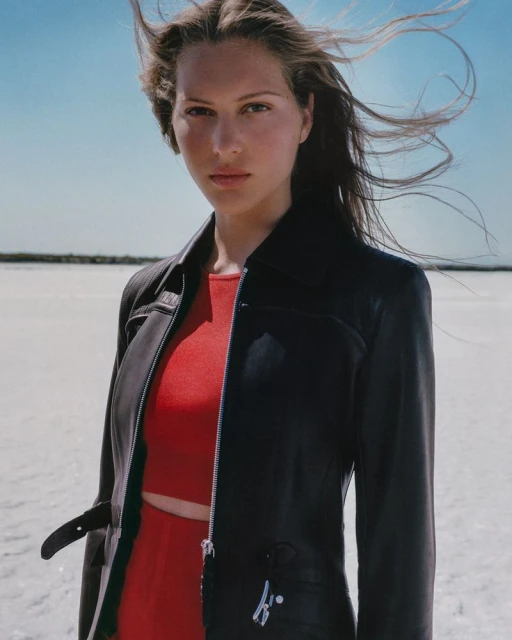 Fashion shot of a young adult woman with wind-blown hair, wearing a red top and leather jacket, standing on a white plain under a blue sky.