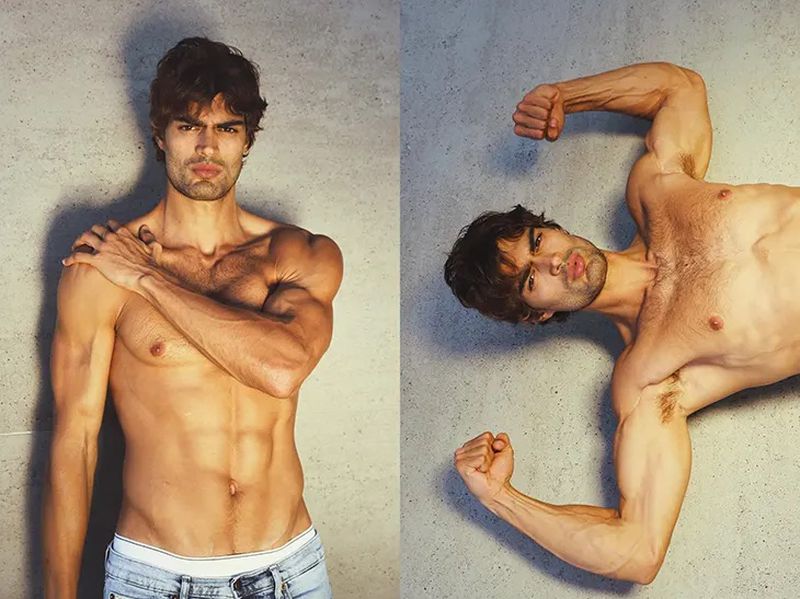 A shirtless adult male poses in front of a grey background with a second image of him flexing his muscles on the right.