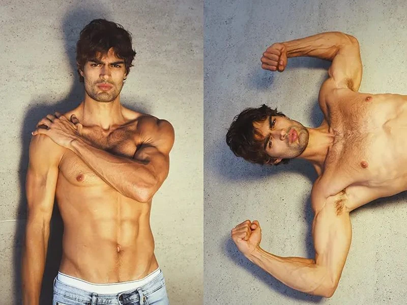 A shirtless adult male poses in front of a grey background with a second image of him flexing his muscles on the right.