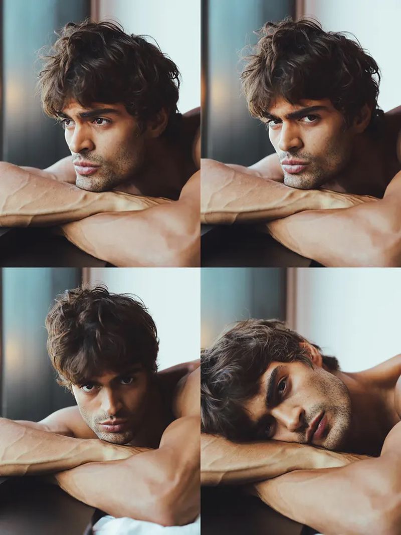 Portrait collage of a handsome adult male model resting his arms, shot in eye-level view. The man has dark hair and an intense expression.