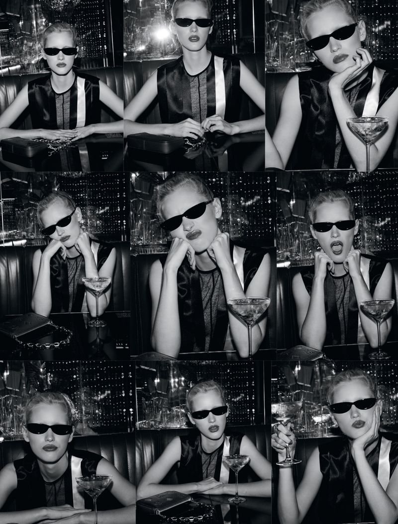 Black-and-white fashion photo montage of a stylish young woman with sunglasses at a table with a martini in a dark restaurant.