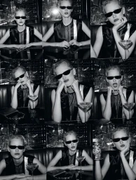 Black and white 3x3 photo grid of model Ine Michelmann wearing sunglasses and posing with a cocktail glass at a bar booth.