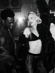 Monochrome nightlife editorial featuring blonde female model in black lingerie and faux fur coat dancing next to shirtless man in nightclub.