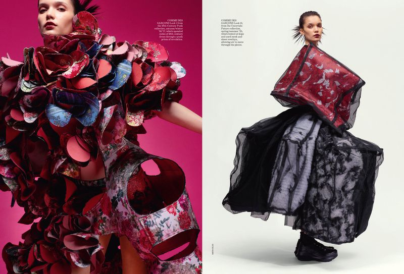 Editorial fashion shot featuring a slender woman in two different avant-garde outfits against pink and white seamless backgrounds.