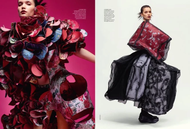Editorial fashion shot featuring a slender woman in two different avant-garde outfits against pink and white seamless backgrounds.