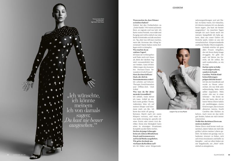 Fashion editorial image of a woman posing in a polka dot dress with a magazine layout, featuring bold text and a second portrait on the right page.