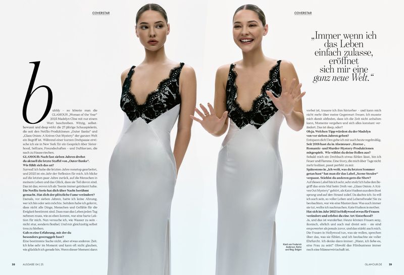 Two Madelyn Cline portraits from a Glamour magazine cover feature, wearing a white gown with black lace, set against a stark white background.