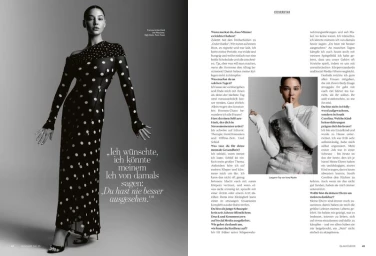 Madelyn Cline in a black polka dot dress and a white patterned top for Glamour Germany photographed by Arseny Jabiev.