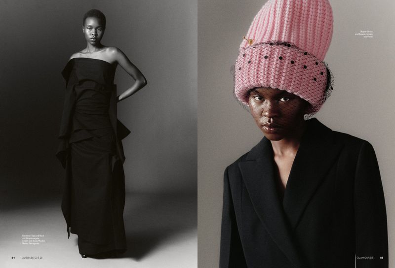 Editorial fashion shot featuring an African-descent woman in an elegant gown and a woman in a beanie and blazer against gray backgrounds.