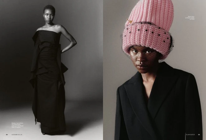Editorial fashion shot featuring an African-descent woman in an elegant gown and a woman in a beanie and blazer against gray backgrounds.