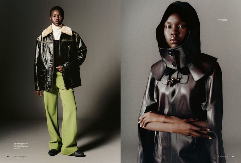 Fashion editorial shot featuring a black female model wearing a leather jacket and green pants on the left and leather poncho on the right.