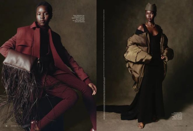 Fashion spread featuring two dark-skinned adult female models wearing designer clothing and accessories against a dark, muted background.