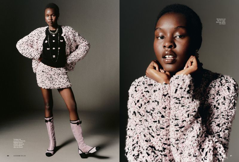 A full-length shot of a Black woman fashion model wearing a pink tweed skirt suit and knee-high boots, alongside a close-up fashion portrait.