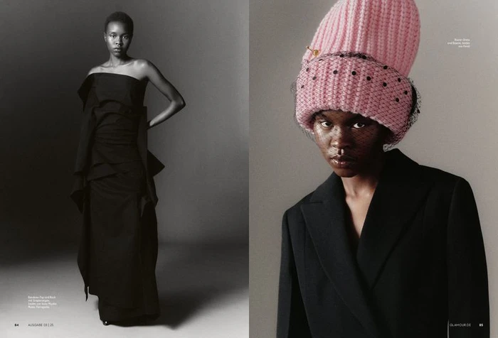 Editorial spread featuring a black model in a black gown and a second portrait wearing a large pink knit hat.