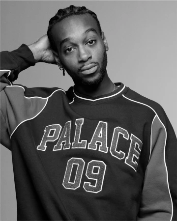 Portrait of a young African American man in a 'Palace 09' sweatshirt, hand on head, against a grey background, photographed indoors.